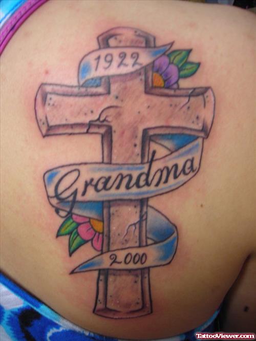 Awesome Cross And Banner Tattoo On Right Back Shoulder