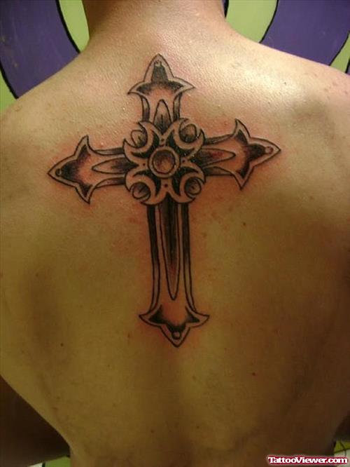 Amazing Cross Grey Ink Tattoo On Upperback