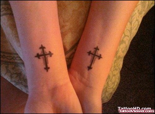 Amazing Black Ink Cross Tattoos On Wrists