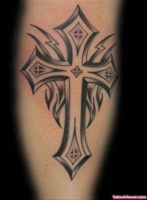Tribal And Cross Grey Ink Tattoo