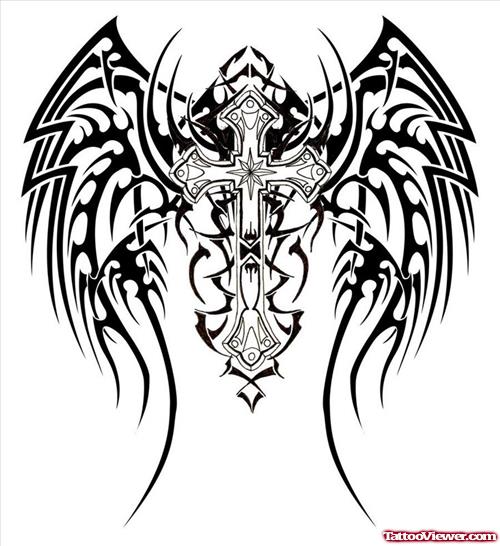 Tribal Cross Black Ink Tattoo Design