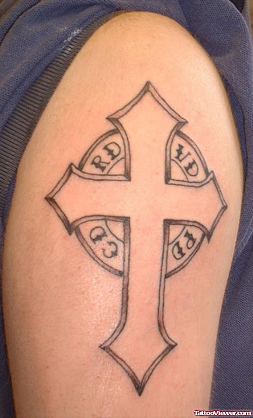 Outline Cross Tattoo On Half Sleeve