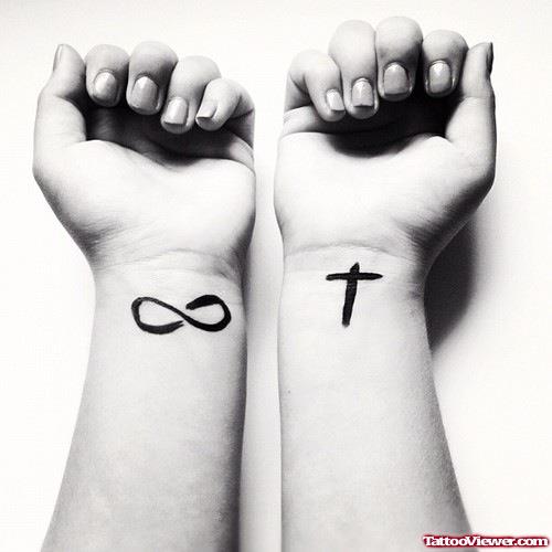 Infinity Symbol And Cross Tattoos On Wrists