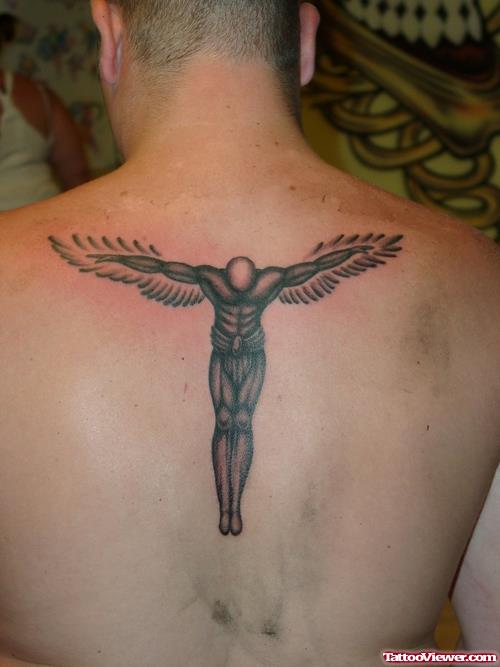Grey Ink Male Angel Cross Tattoo On Back