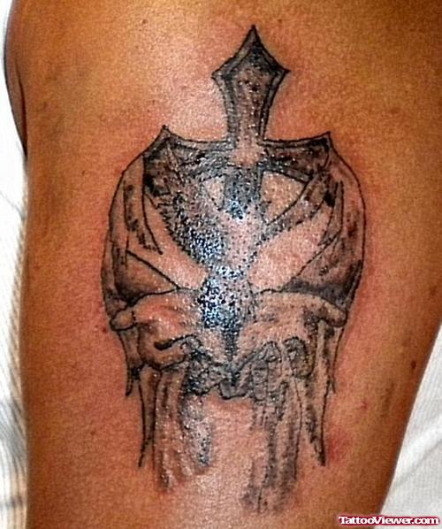 Grey Ink Cross Tattoo On Bicep