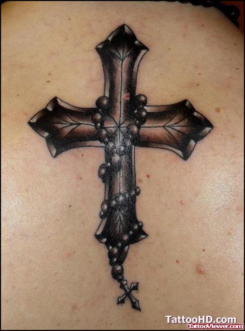 Cross With Rosary Tattoo On Back