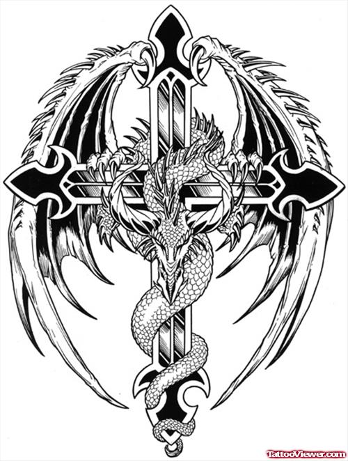 Attractive Dragon With Cross Tattoo Design