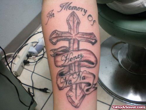In Memory Of Cross And Banner Tattoo On Arm