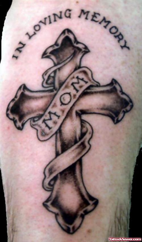 In Loving Memory Cross With Mom Banner Tattoo On Half Sleeve