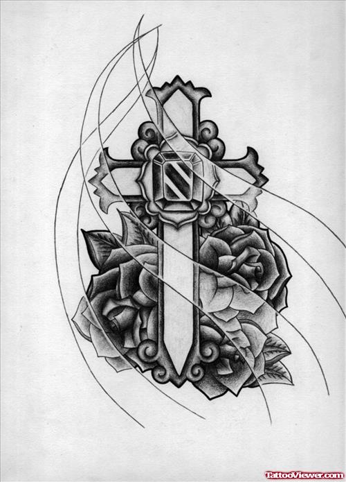 Grey Ink Rose Flowers And Cross Tattoo Design