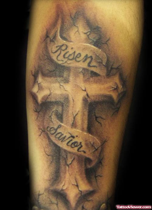Grey Ink Cross With Risen Savior Tattoo