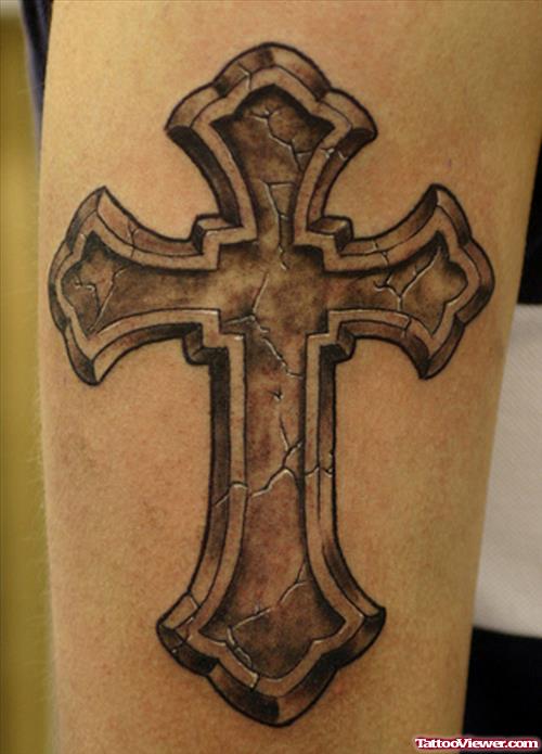 Grey Ink 3D Cross Tattoo On Bicep