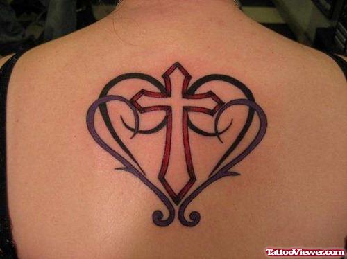 Cross And Heart Tattoo On Upperback