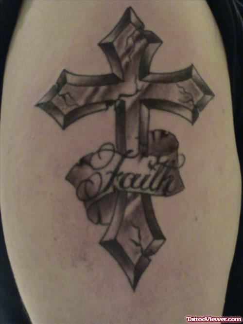 Cross And Faith Banner Tattoo On Half Sleeve