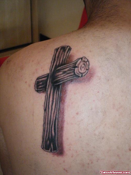 Wooden Cross Tattoo On Left Back Shoulder