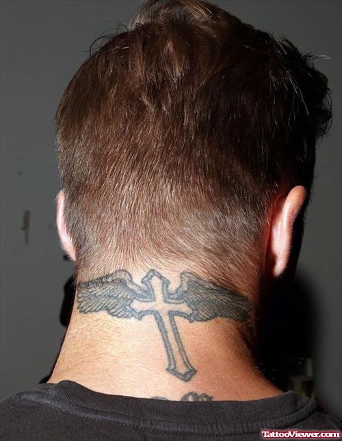 Winged Cross Tattoo On Becham Back Neck