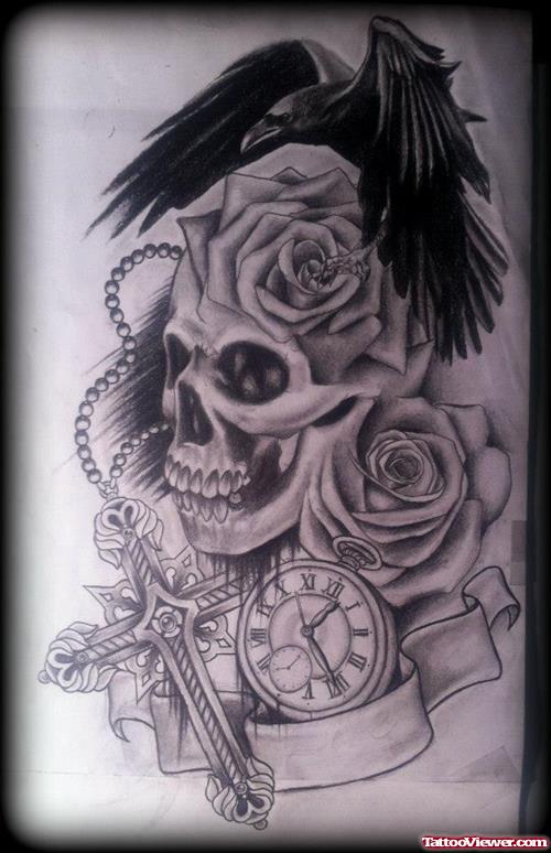 Rose Flowers And Skull With Cross Tatoo Design