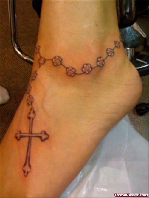 Rosary Cross Tattoo On Girl Left Ankle