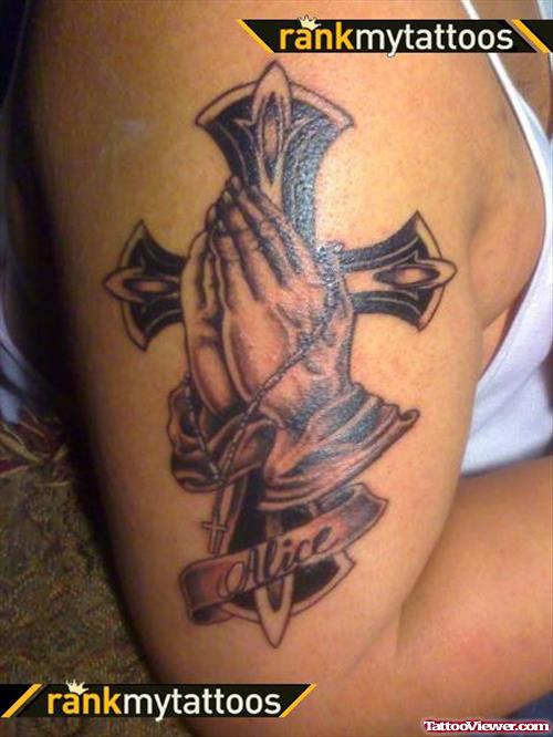 Grey Ink Praying Hands And Cross Tattoo On Half SLeeve