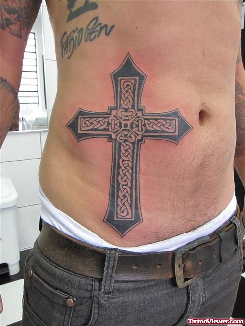 Grey Ink Celtic Cross Tattoo On Hip