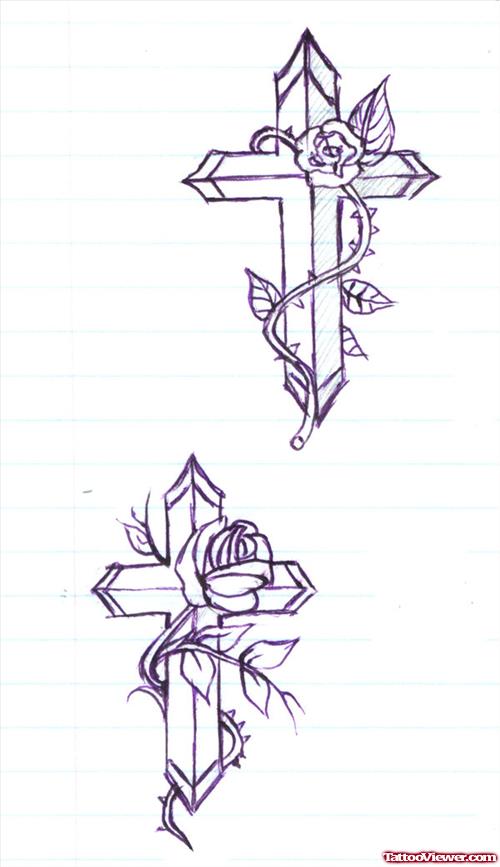 Cross With Rose Flowers Tattoo Design