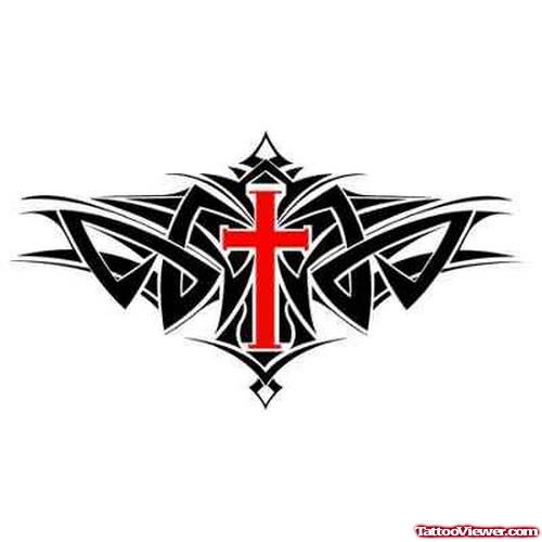 Black Ink Tribal And Red Cross Tattoo Design