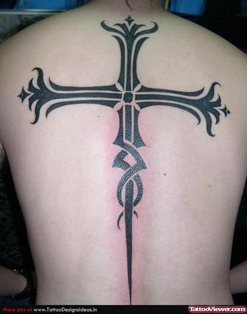 Black Ink Cross Tattoo On Back