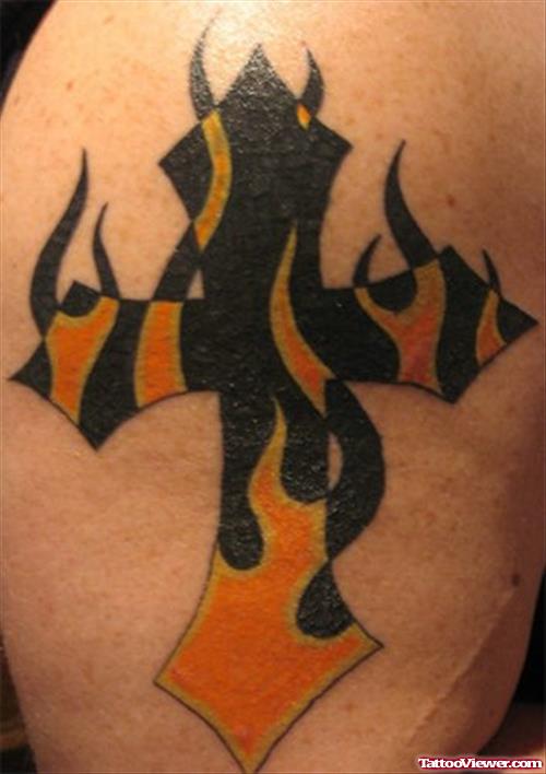 Black Flames Cross Tattoo On Half Sleeve