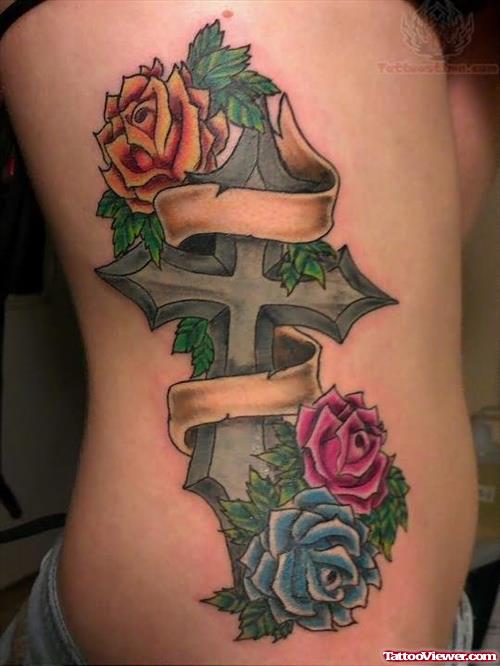 Cross Banner And Flowers Tattoo On Side Rib