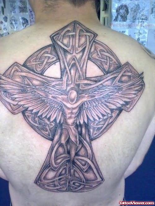 Celtic Cross Tattoo On Upperback