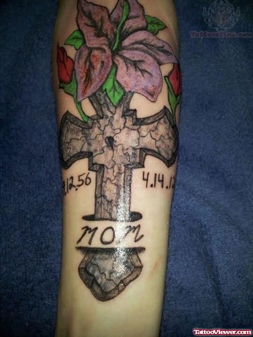 Memorial Cross And Flower Tattoo