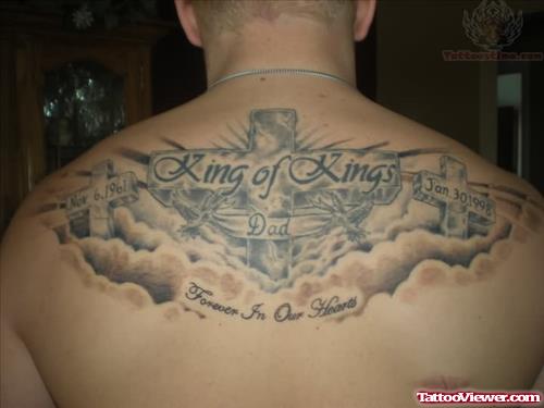 King Of Kings Memorial Cross Tattoos On Upperback