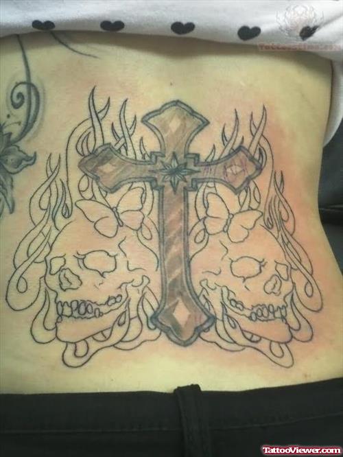 Flaming Skulls And Cross Tattoo On Lower Back