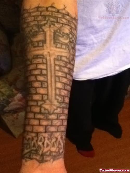Cross Grey ink Tattoo On Arm