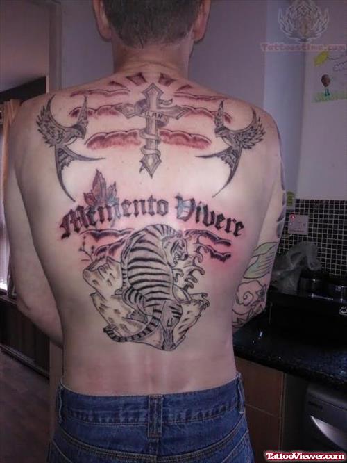 Cross And Tiger Tattoo On Back