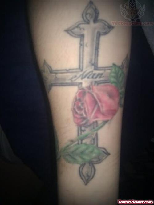 Cross And Red Rose Tattoo On Arm