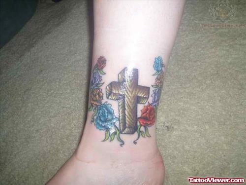 Cross And Flowers Tattoo On Ankle