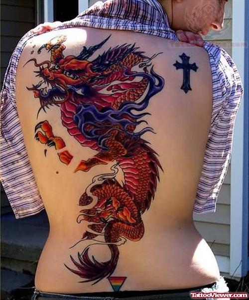 Cross And Color Dragon Tattoo On Back