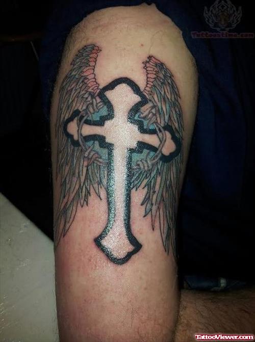 Winged Cross Tattoo On Biceps