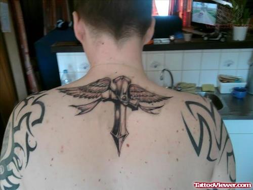 Winged Cross And Tribal Tattoos On Back