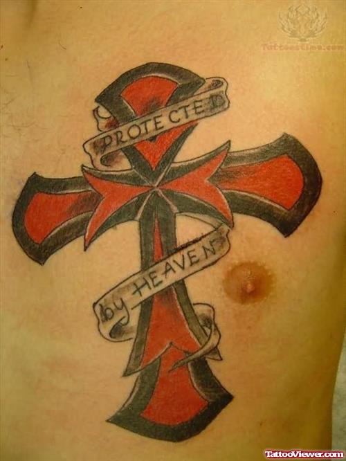 Red Cross And Banner tattoo On Chest