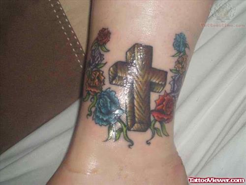 Flowers And Cross Tattoo On Ankle