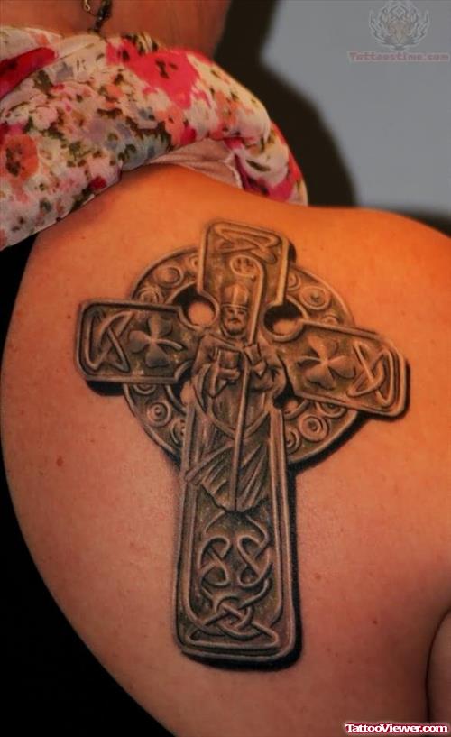 Cross Tattoo On Right Back Shoulder
