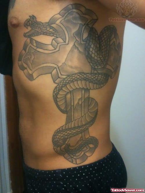 Cross And Snake Tattoo On Side Rib