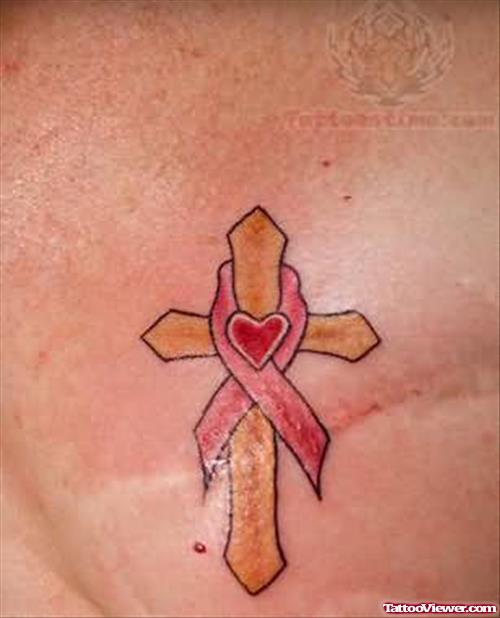 Cross And Ribbon Tattoo On Chest