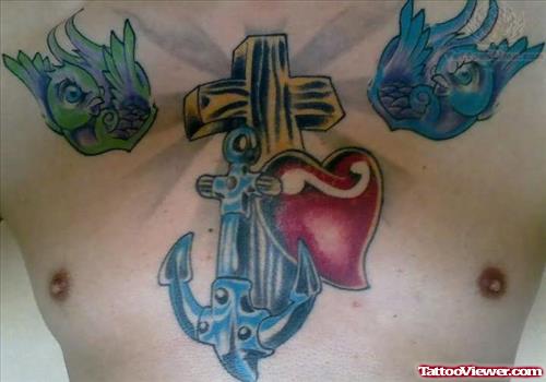 Cross And Heart Tattoo On Chest