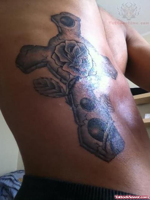 Cross And Flower Tattoo on Back