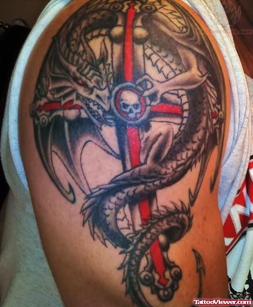 Cross And Dragon Tattoo On Shoulder