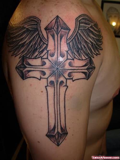 Cross Wings Tattoos On Shoulder