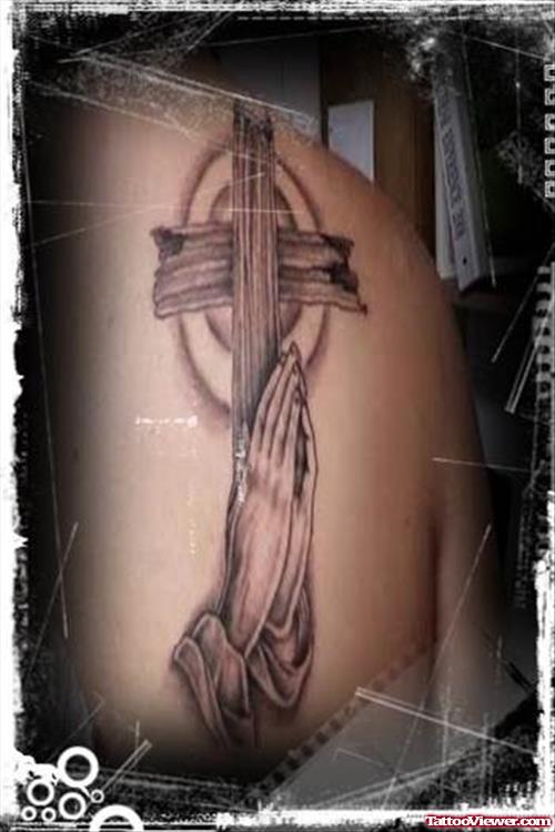 Cross And Praying Hands Tattoo For Men